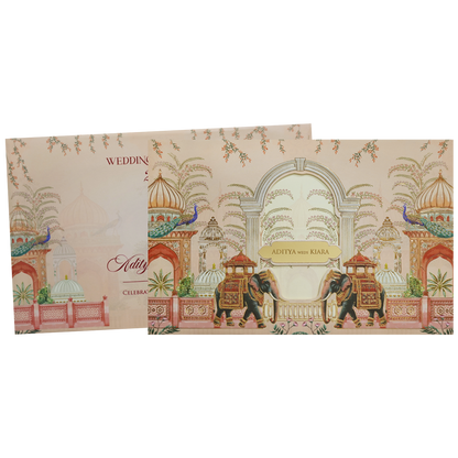 Cream Palace Elephant Theme Wedding Card - KFR16340