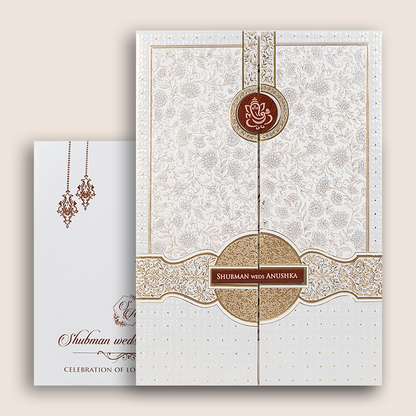 White Embossed Floral Door Style Padded Wedding Card - KRB10410