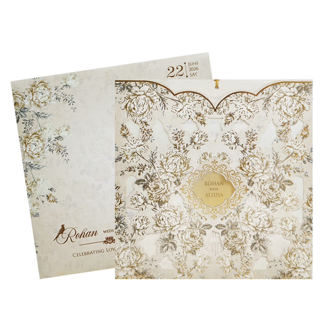 Ivory Cream Laser Cut Embossed Wedding Card-KFR13190