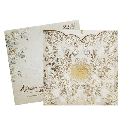 Ivory Cream Laser Cut Embossed Wedding Card-KFR13190