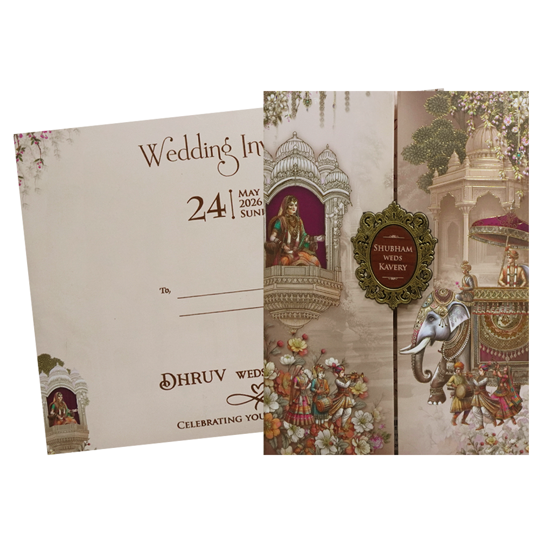 Cream Multicolor Procession Padded Wedding Card - KSH72450