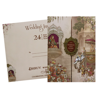 Cream Multicolor Procession Padded Wedding Card - KSH72450