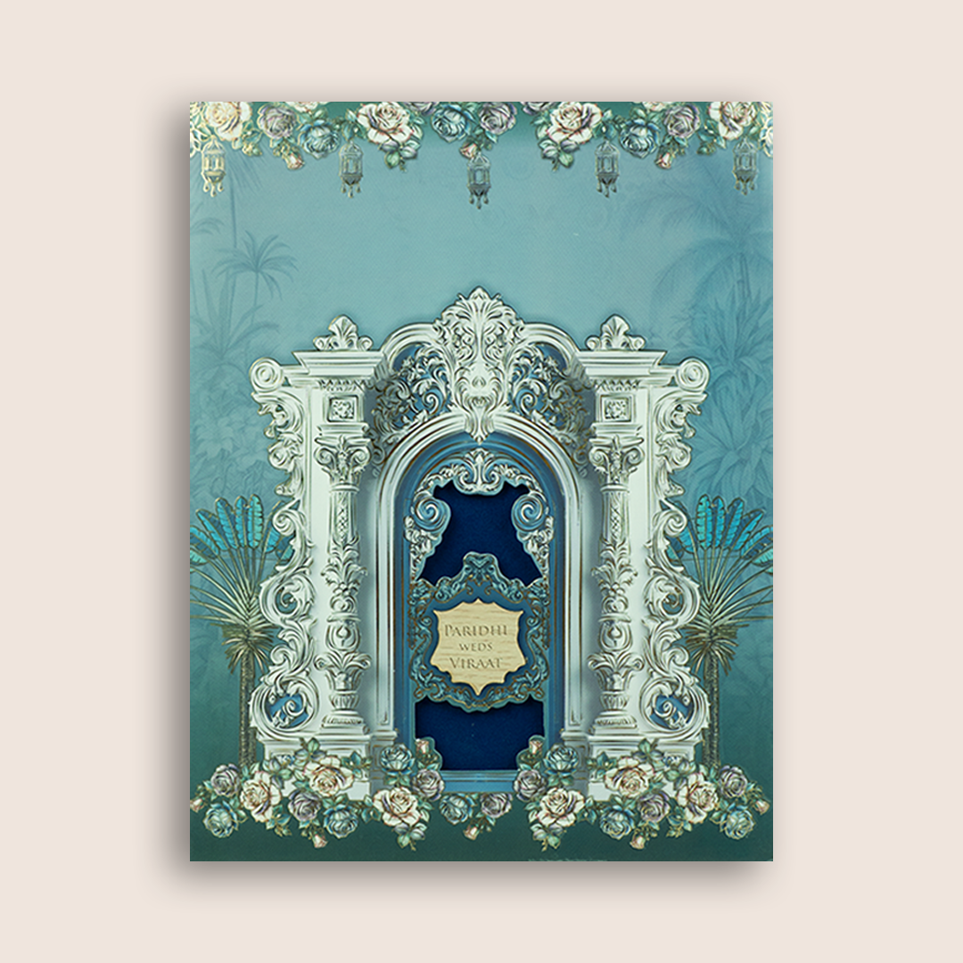Blue Padded Floral Palace Wedding Card - KVN08010