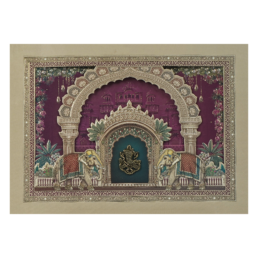 Pink Ganesha Elephant Temple Wedding Card-KSI64930