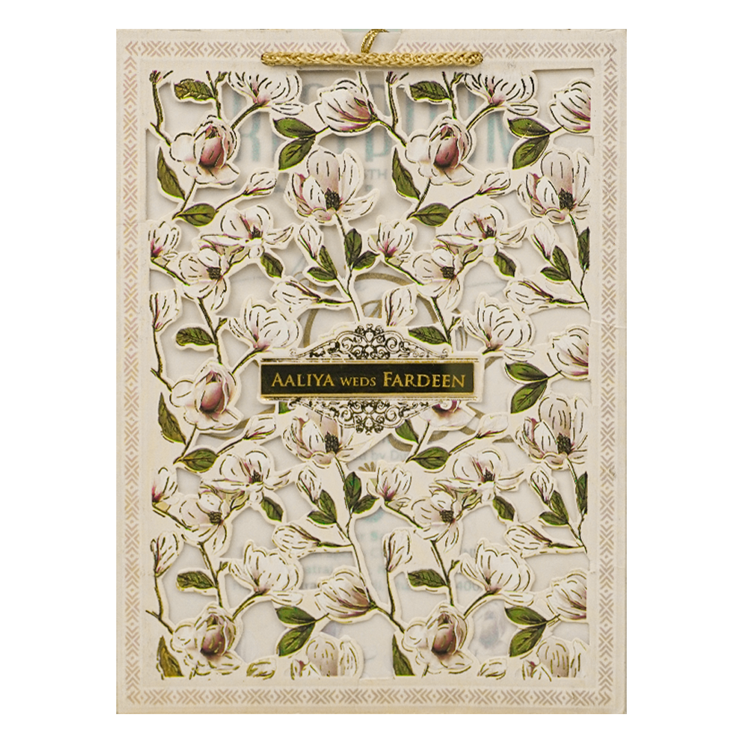 Cream Pink Floral Laser Cut Wedding Card-KVN06350