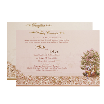 Pink Radha Krishna  Padded Palace Wedding Card -KMMEX8210