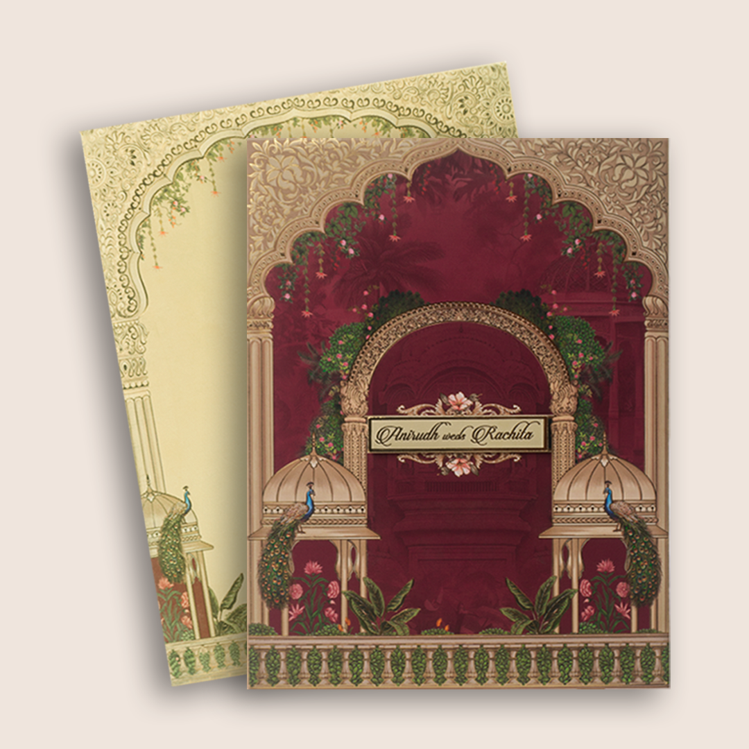 Maroon Padded Floral Peacock Wedding Card - KAA05740