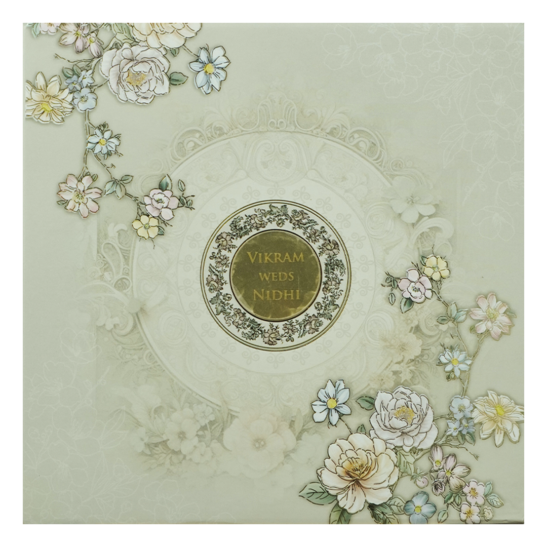 Grey Floral Embossed Circle Paddded Wedding Card-KRE27140