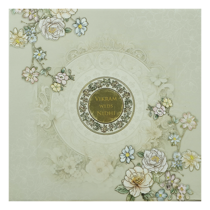 Grey Floral Embossed Circle Paddded Wedding Card-KRE27140