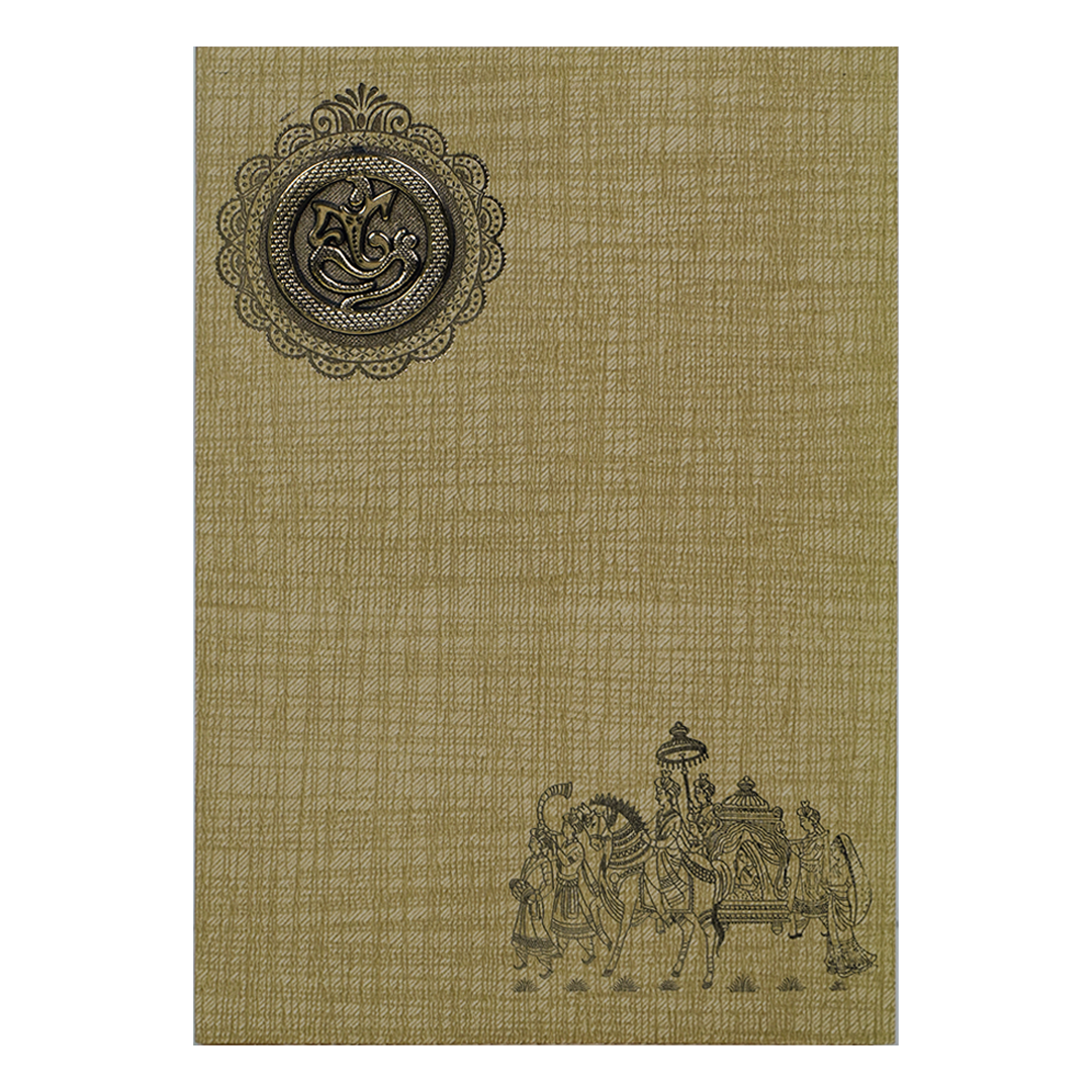 Brown Gold Prince Paper Print With Gold Foiling Baraat Print And Ganesh Sticker-KNPP717N
