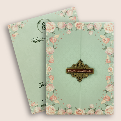 Green Rose Floral Door Style Wedding Card - KVN07240