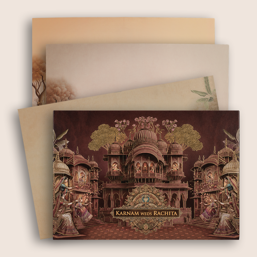 Brown Royal Palace Padded Wedding Card - KAA05980