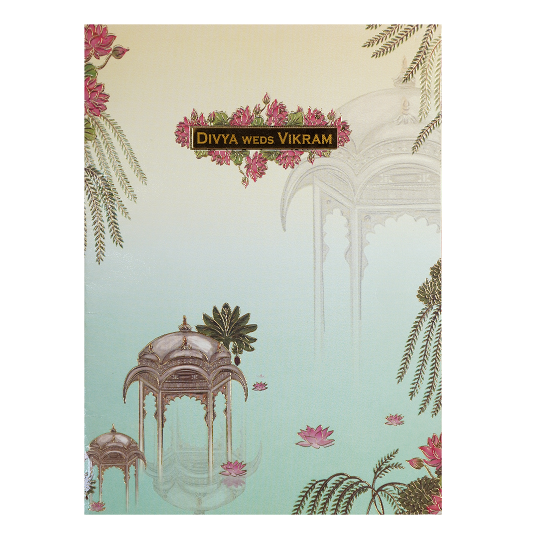 Pastel Green Lotus Pavilion Wedding Card-KNTY6808