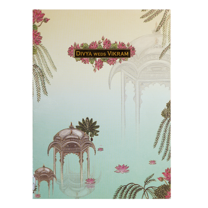 Pastel Green Lotus Pavilion Wedding Card-KNTY6808