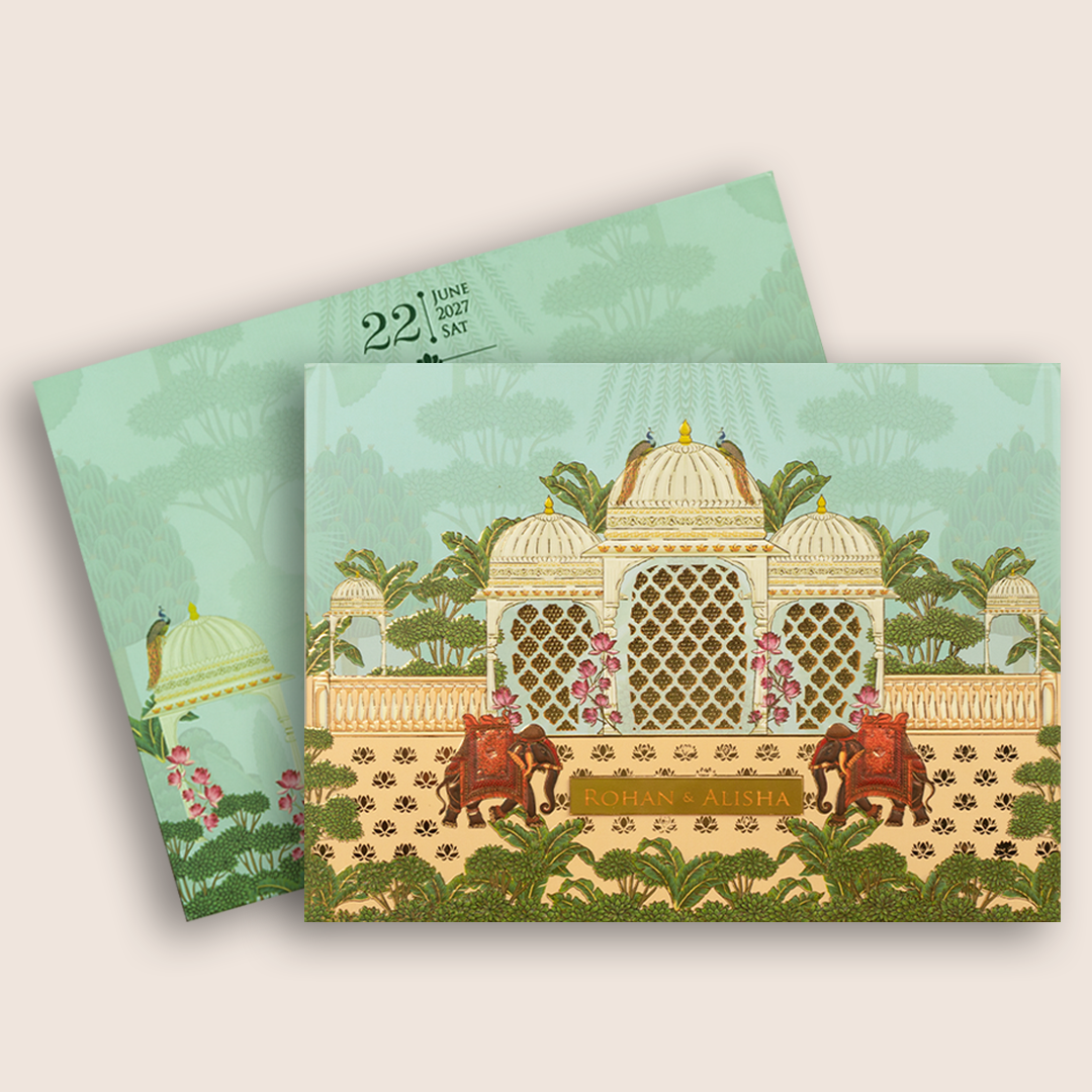 Pastel Green Embossed Elephant Padded Marriage Card - KFR15330