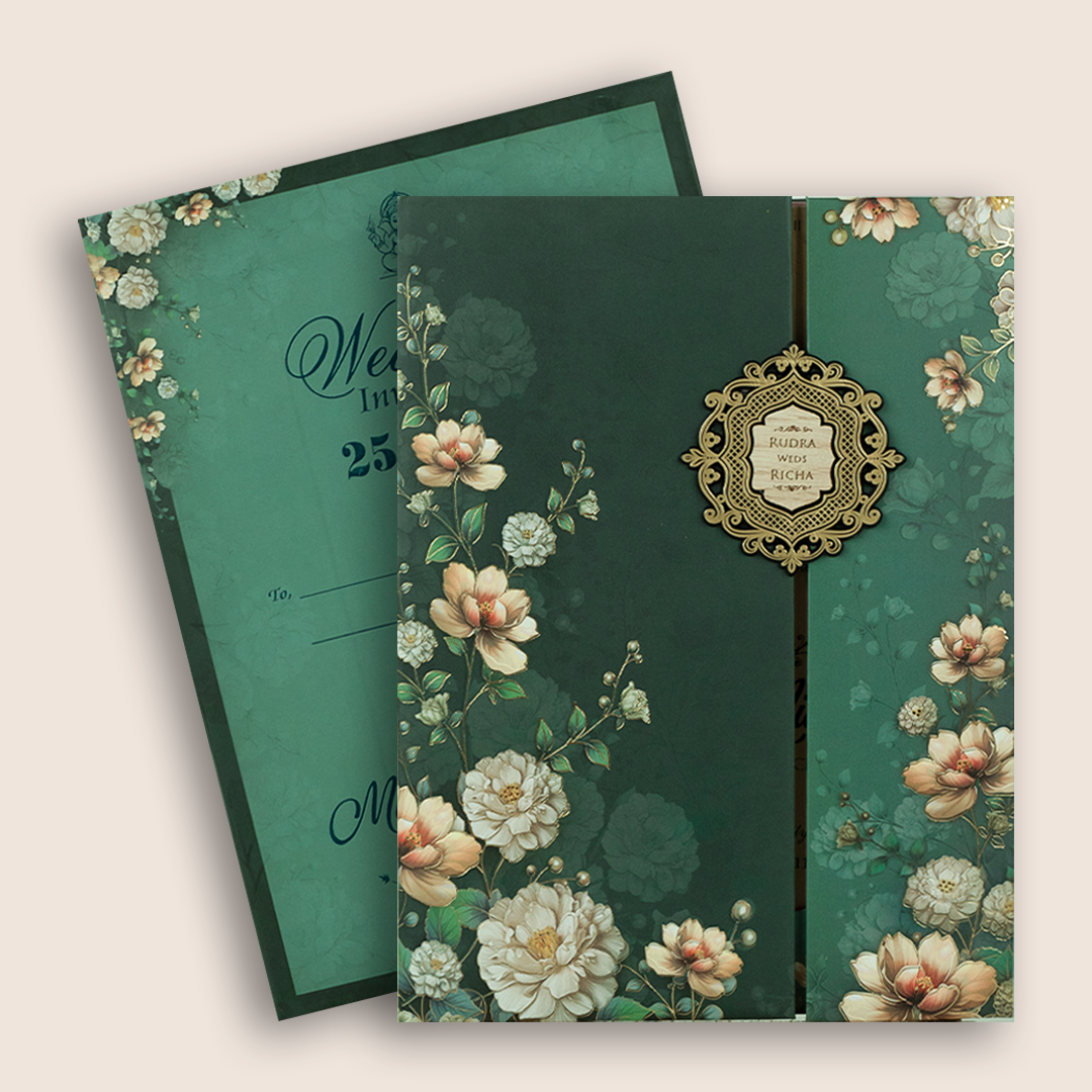 Dark Green Floral Door Style Padded Wedding Card - KSH18940