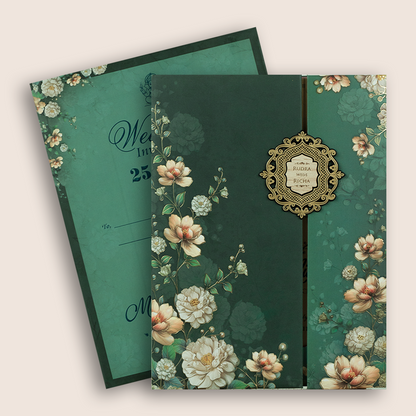 Dark Green Floral Door Style Padded Wedding Card - KSH18940