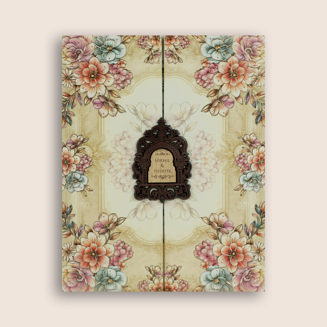 Cream Floral Embossed Padded Wedding Card - KPR07300