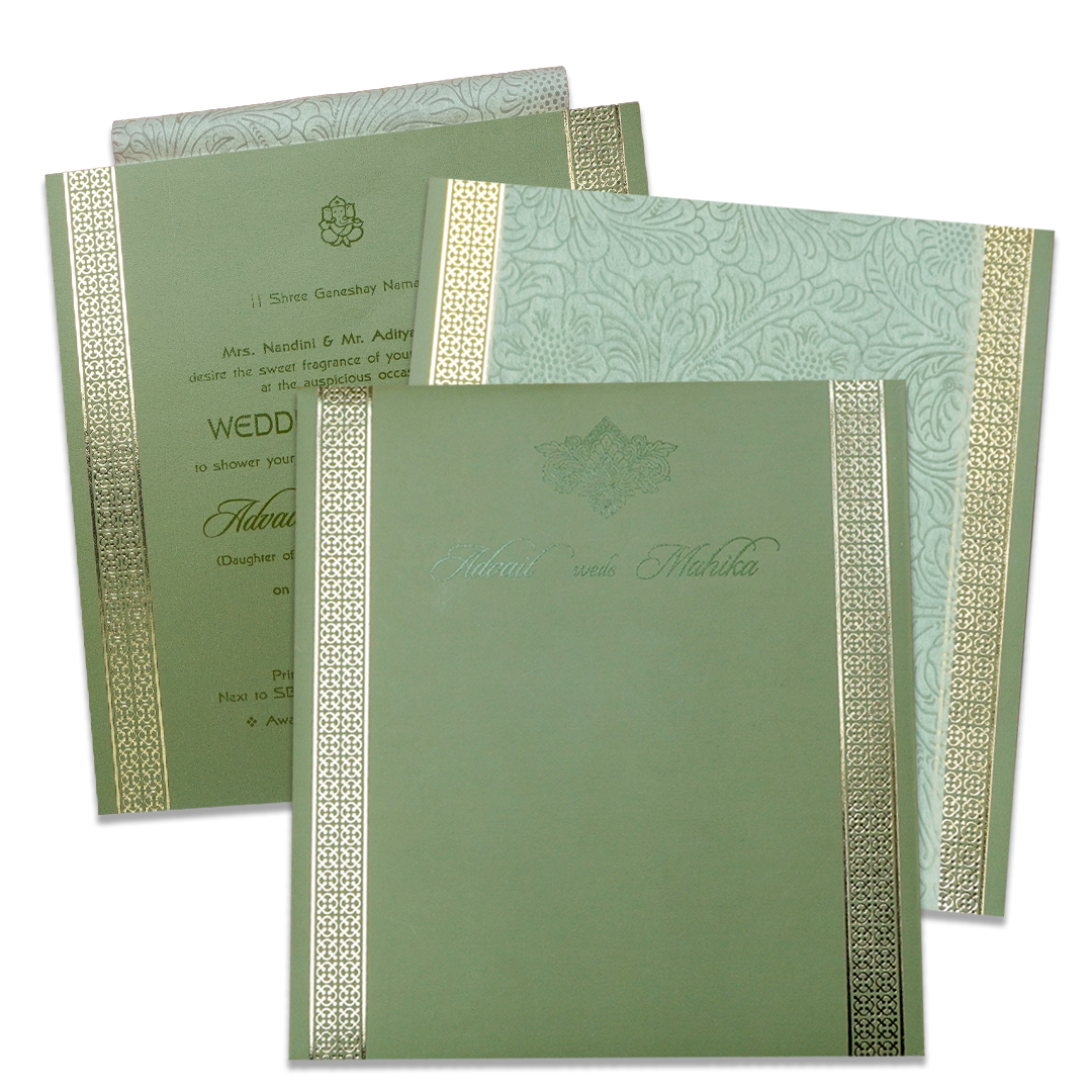 Green Gold Embossed Floral Wedding Card - KRCS8281