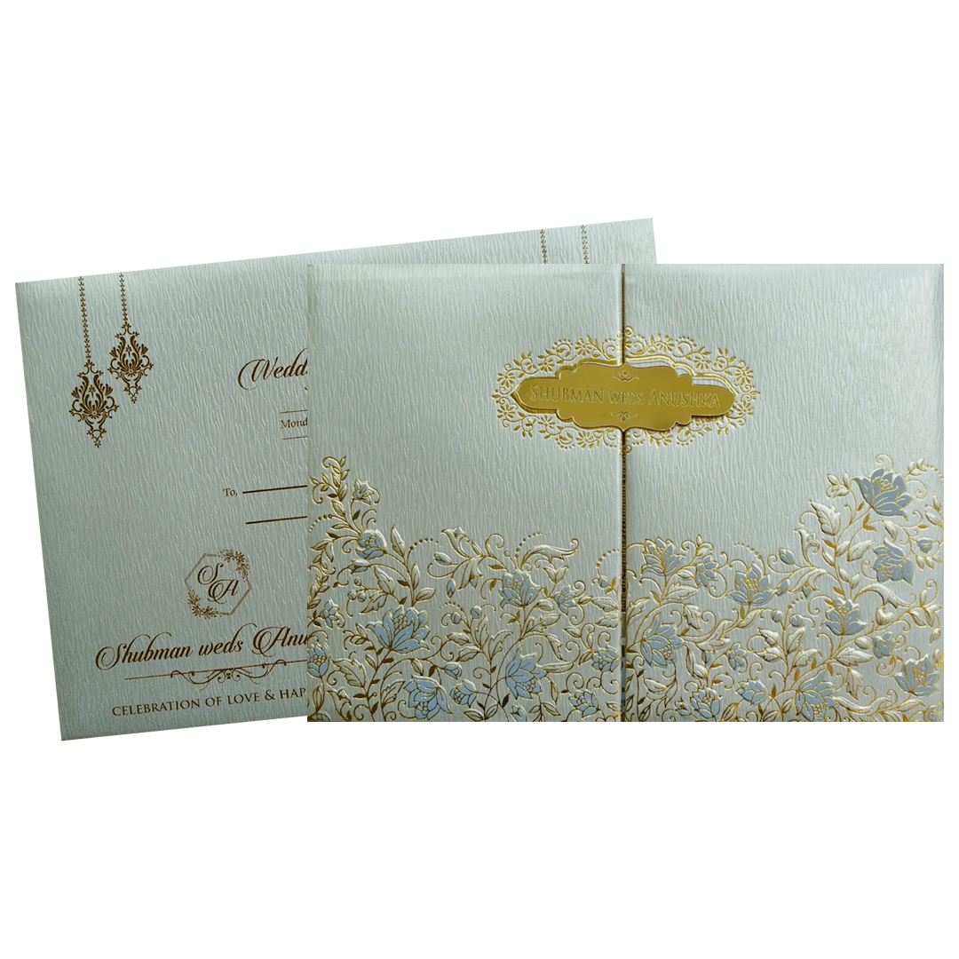 Light Grey Padded Door Style Embossed Gold Foil Wedding Invitation Card-KRB09760