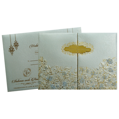Light Grey Padded Door Style Embossed Gold Foil Wedding Invitation Card-KRB09760