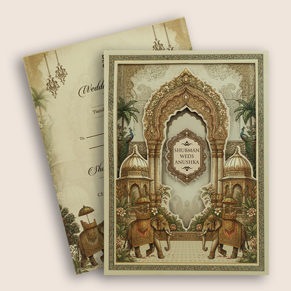 Beige Laser Cut Royal Elephant Floral Padded Marriage Card - KRB10910