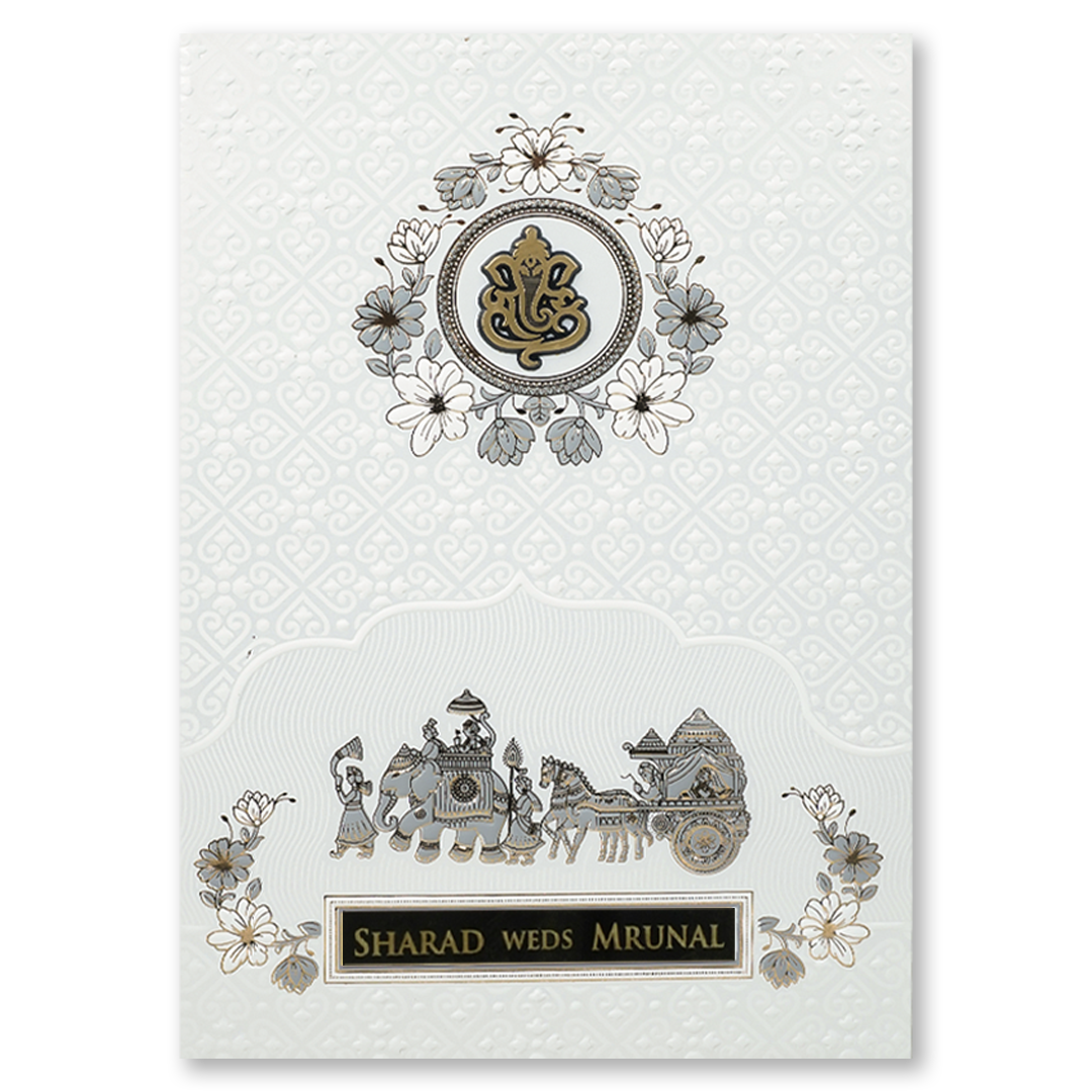 White Embossed Floral Wedding card-KRE28670