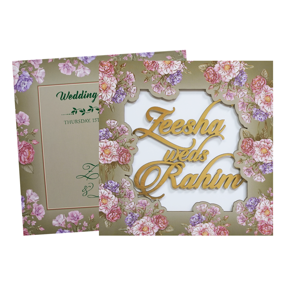 Green Floral Golden Wood Acrylic Padded Wedding Card - KVN07520