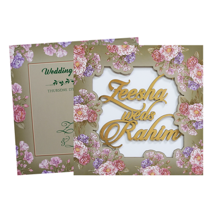 Green Floral Golden Wood Acrylic Padded Wedding Card - KVN07520