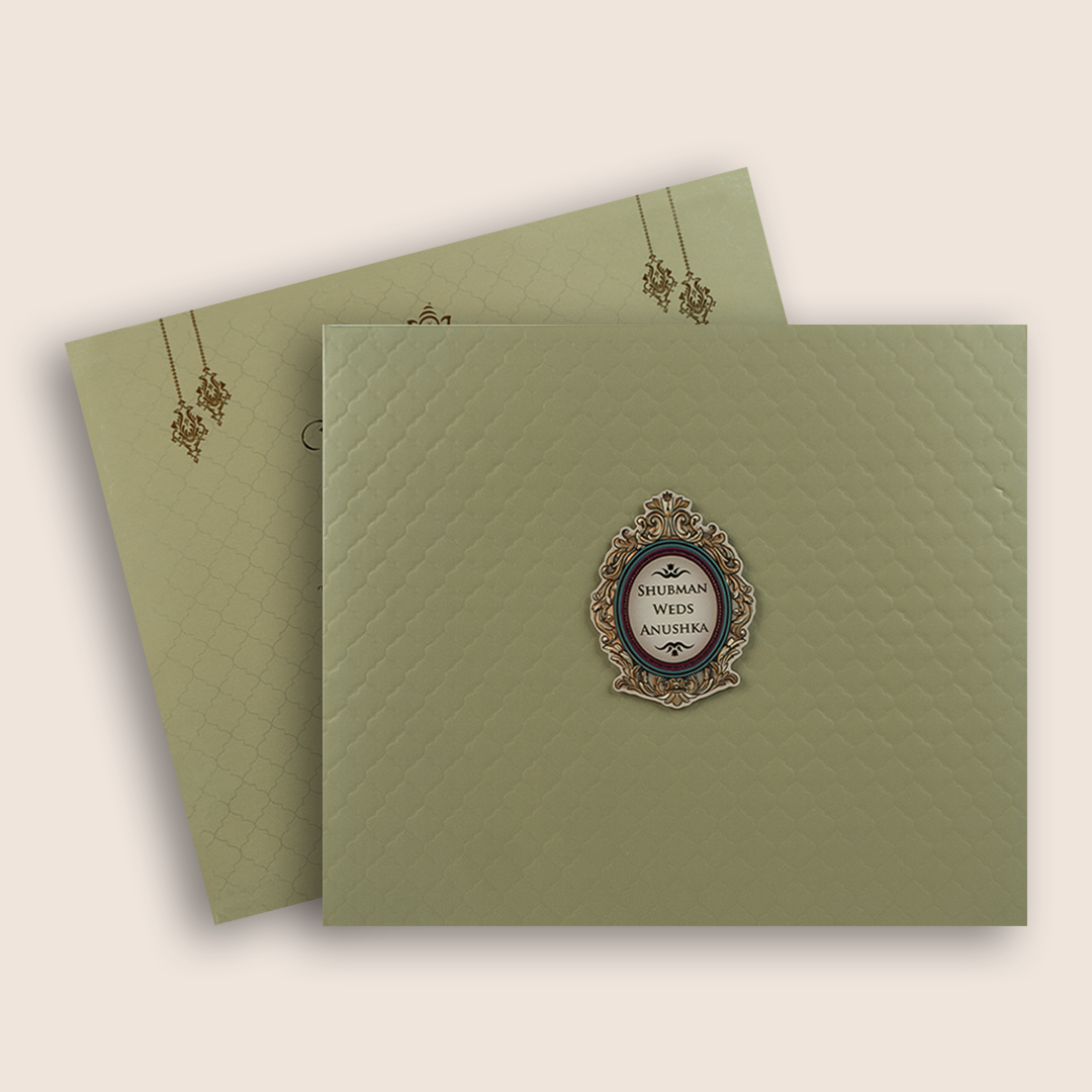 Olive Green Embossed Floral Padded Wedding card - KRB10390