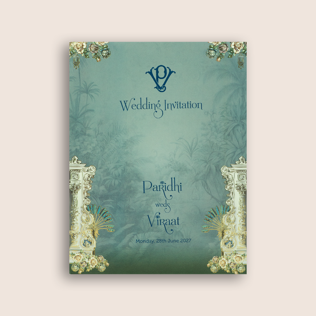 Blue Padded Floral Palace Wedding Card - KVN08010