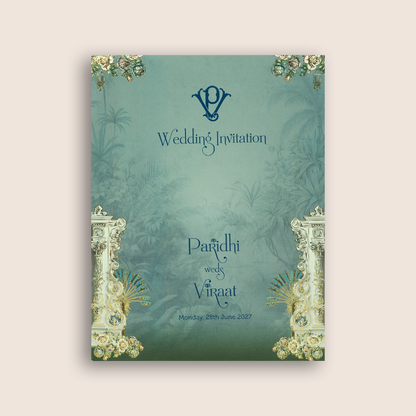 Blue Padded Floral Palace Wedding Card - KVN08010
