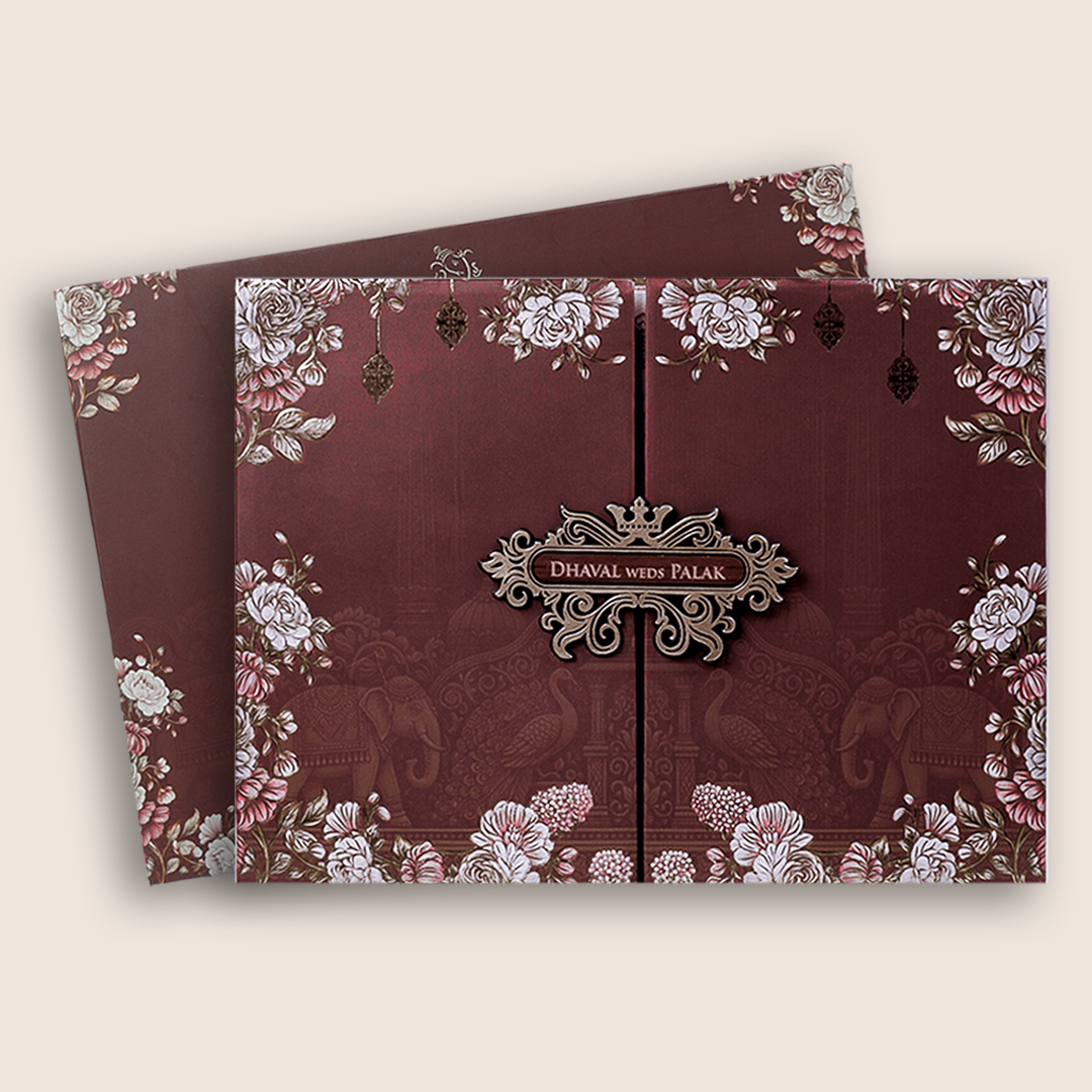 Brown Padded Floral Door Style Invitation Card - KVN07890