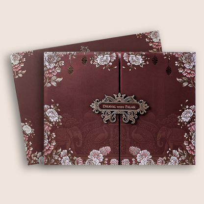 Brown Padded Floral Door Style Invitation Card - KVN07890