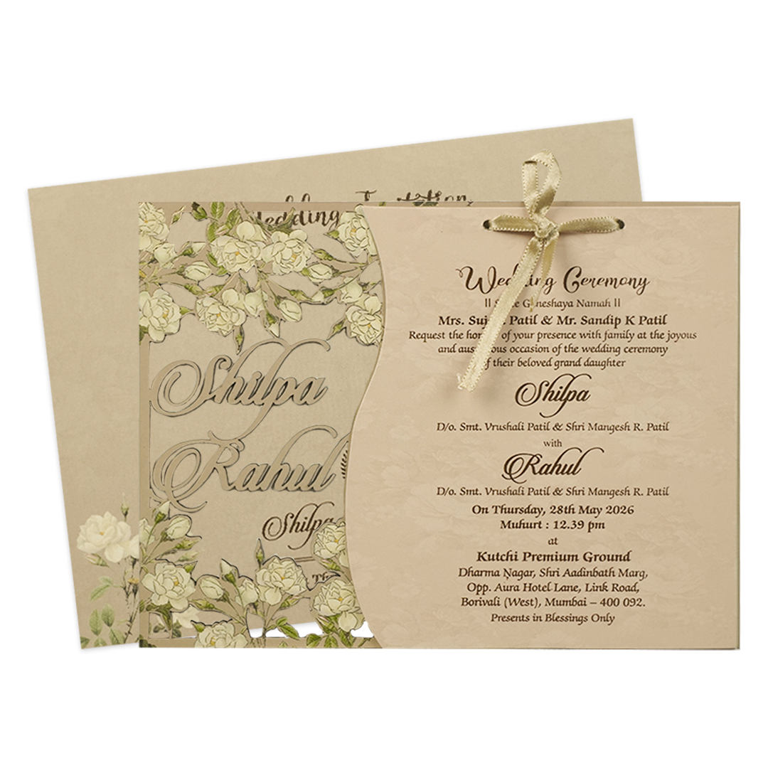 Cream Ivory Floral Ribbon Wedding Card-KRE26730