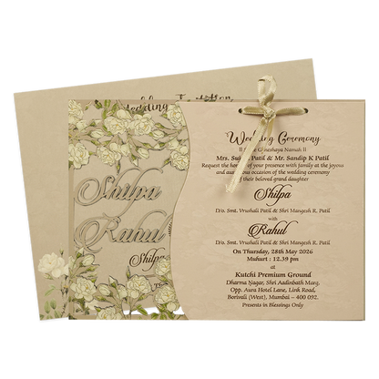 Cream Ivory Floral Ribbon Wedding Card-KRE26730