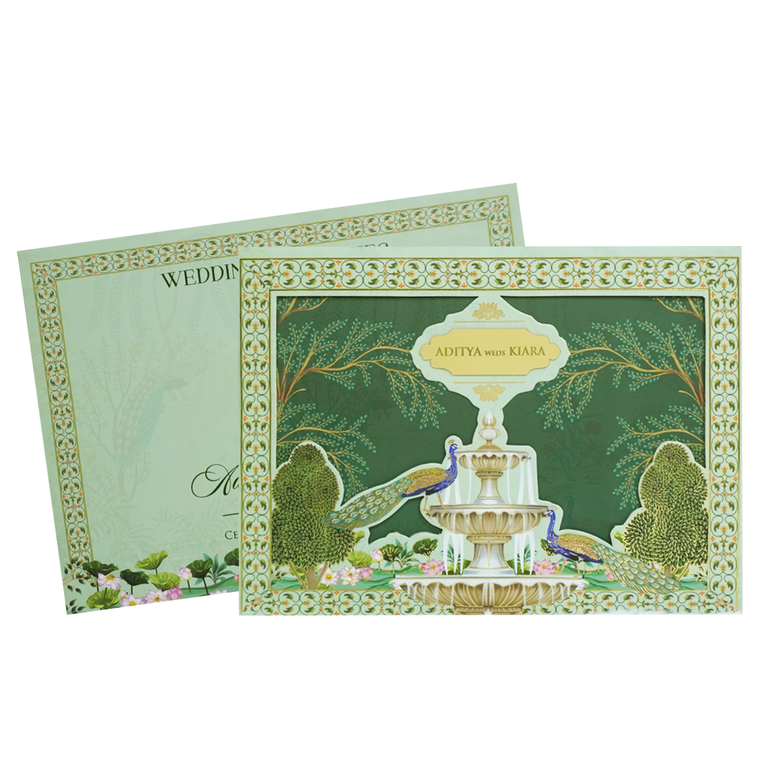Emerald Green Fountain Peacock Wedding Card - KFR16270
