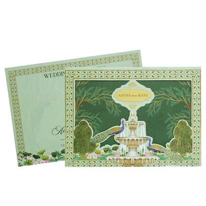 Emerald Green Fountain Peacock Wedding Card - KFR16270