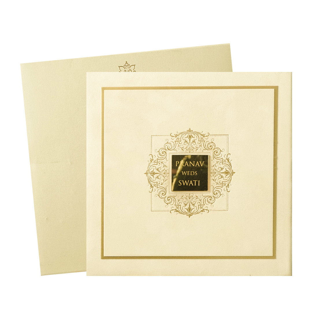 Cream Square Emblem Padded Wedding Card-KMMWD1162