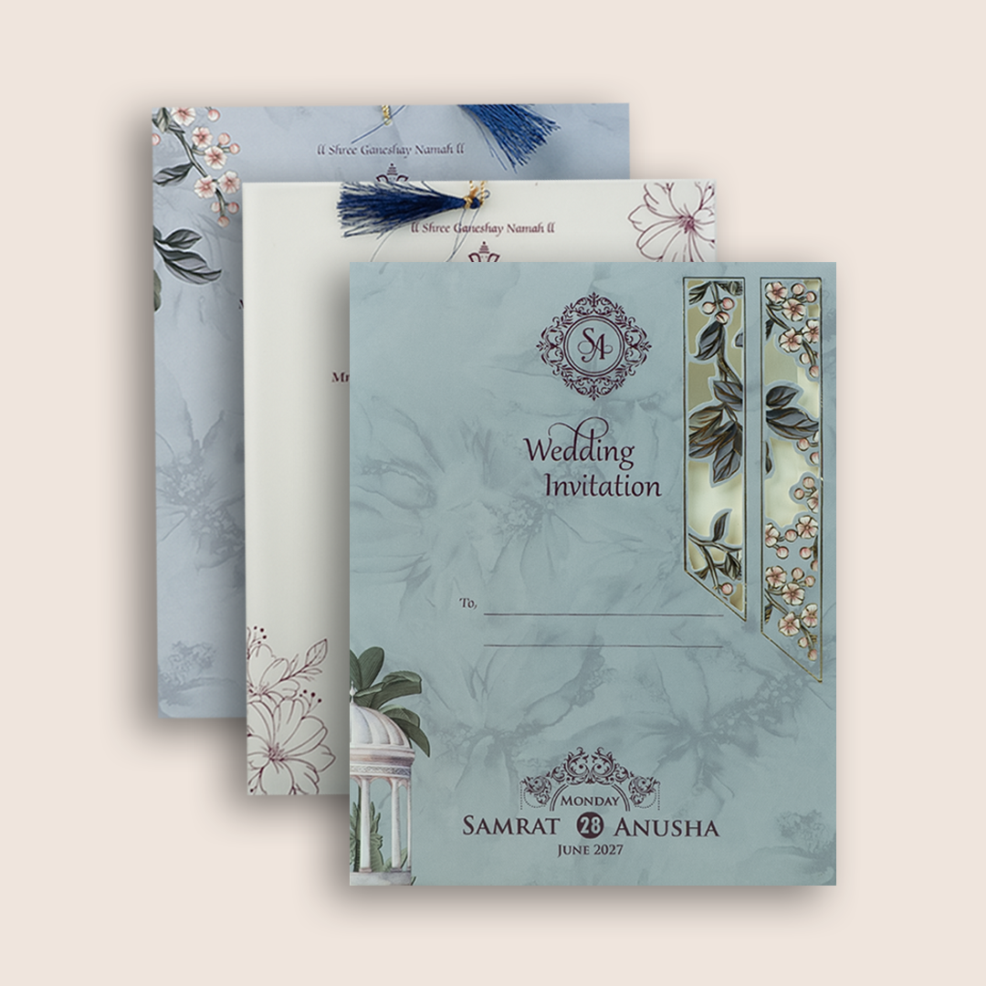Pastel Blue Laser Cut Floral Wedding Card - KVN07870