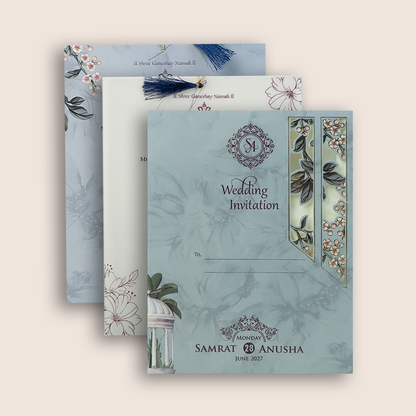 Pastel Blue Laser Cut Floral Wedding Card - KVN07870