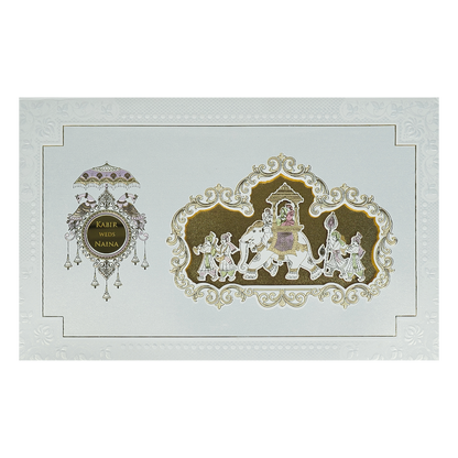Check out White Gold Barat Padded Wedding Card at best price.WhatsApp Support|Express Delivery|King of cards.