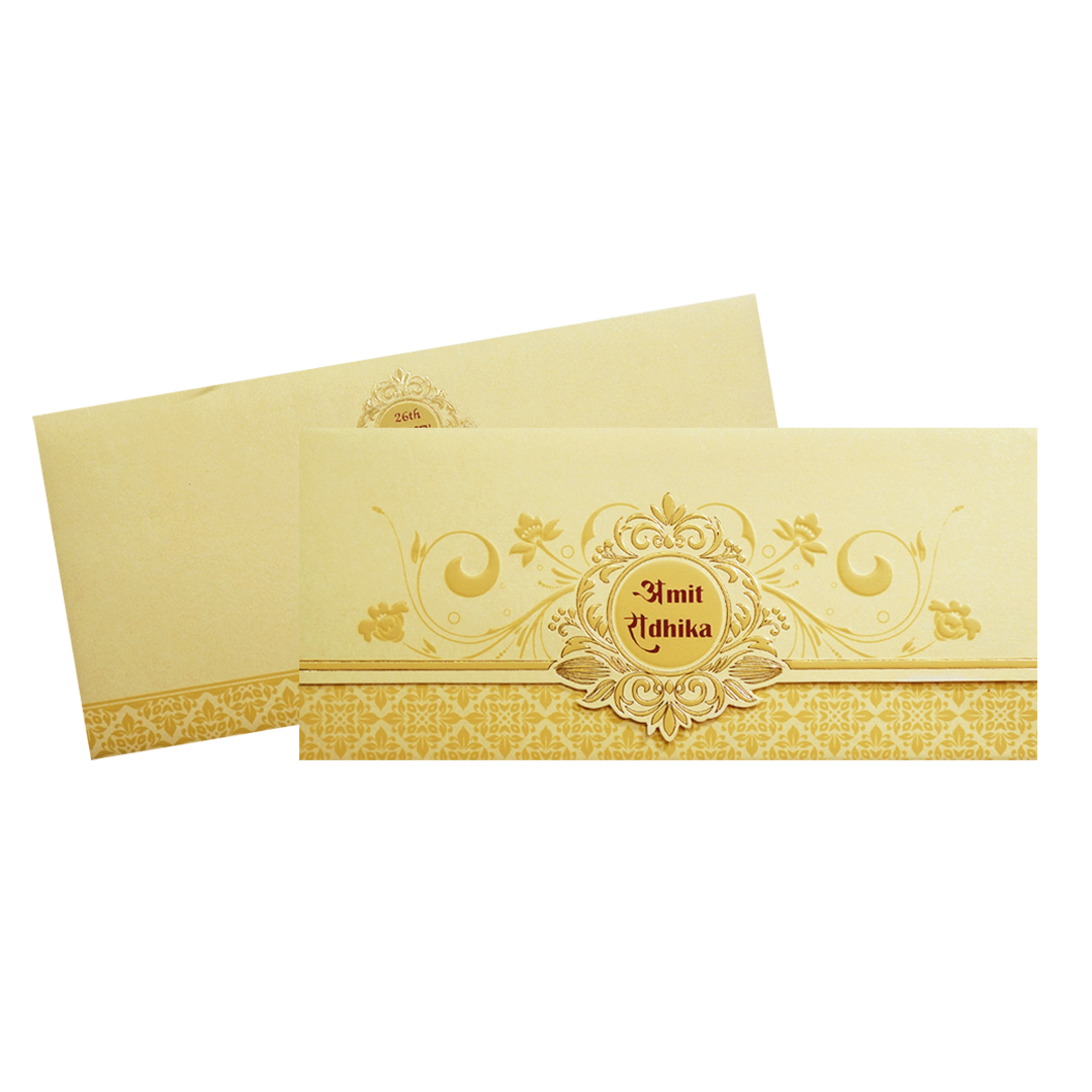 Ivory Gold Embossed Floral Wedding Invitation Card-KPR06290