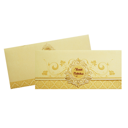 Ivory Gold Embossed Floral Wedding Invitation Card-KPR06290