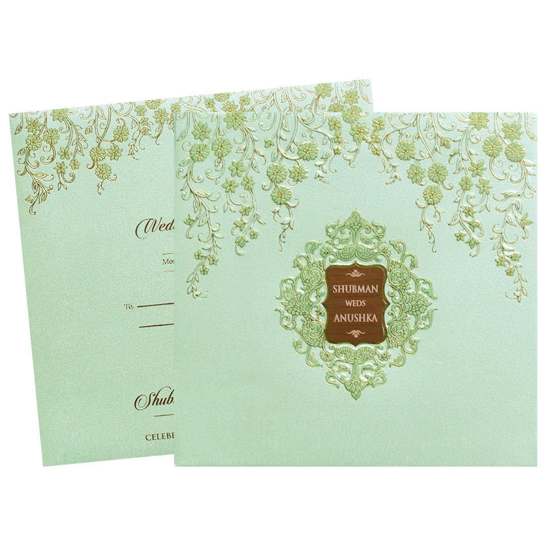 Pista Green Padded Embossed Floral Wedding Invitation Card-KRB09571