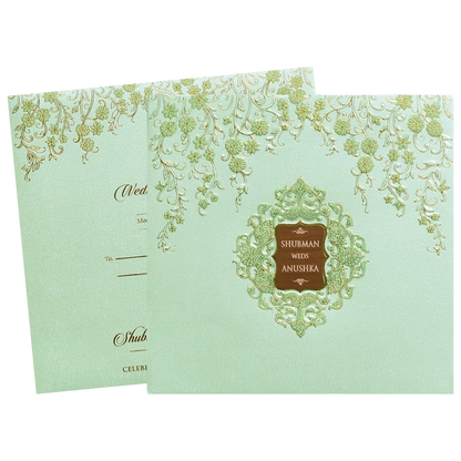 Pista Green Padded Embossed Floral Wedding Invitation Card-KRB09571