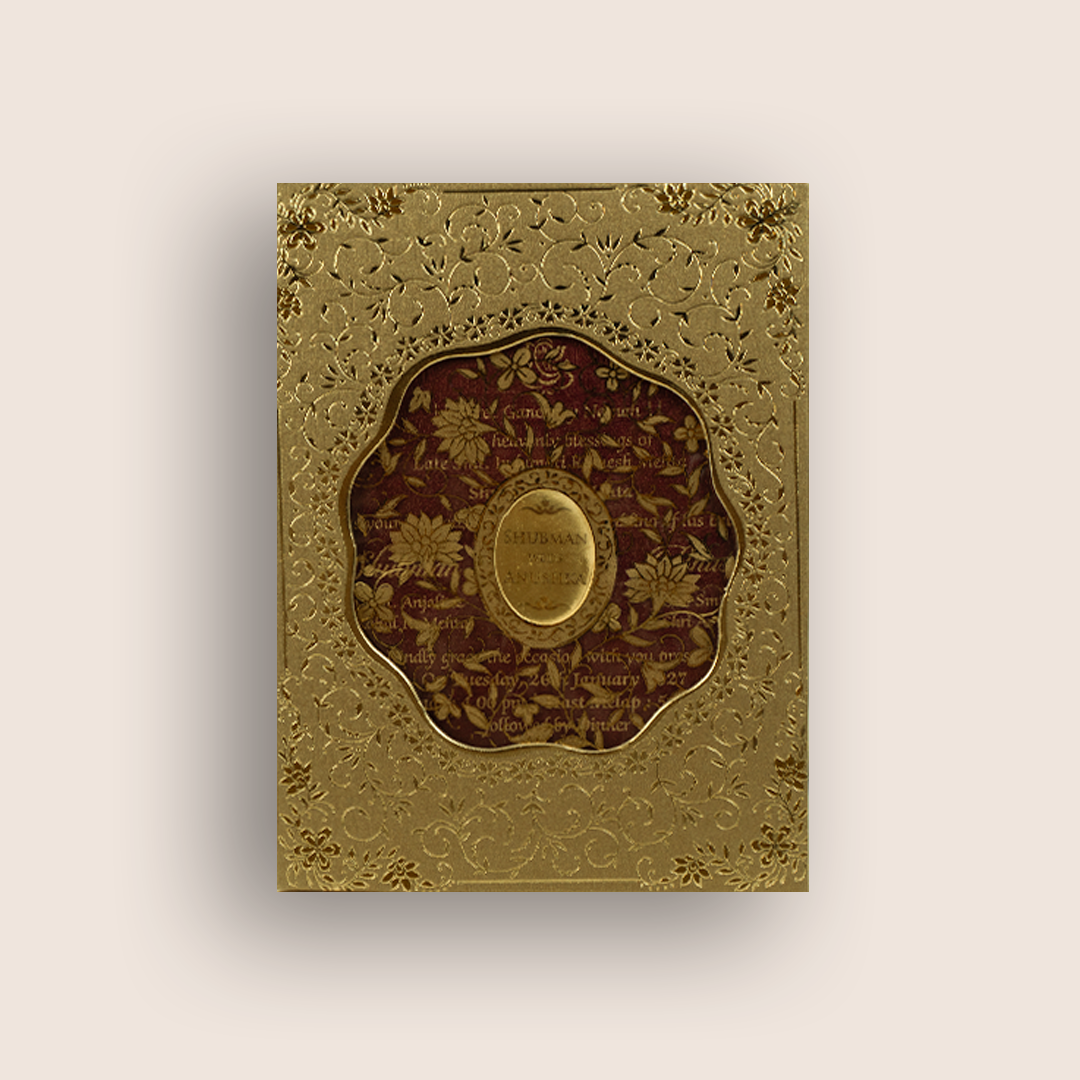 Gold Floral MDF Laser Cut Wedding Invitation Card - KRB10150