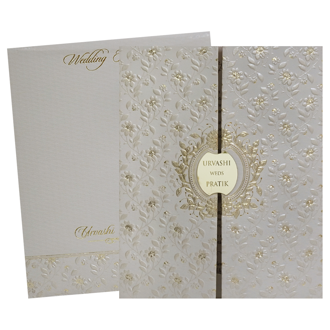 Grey Gold Floral Double Door Padded Wedding Card - KMMWD1115