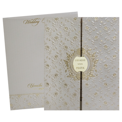 Grey Gold Floral Double Door Padded Wedding Card - KMMWD1115