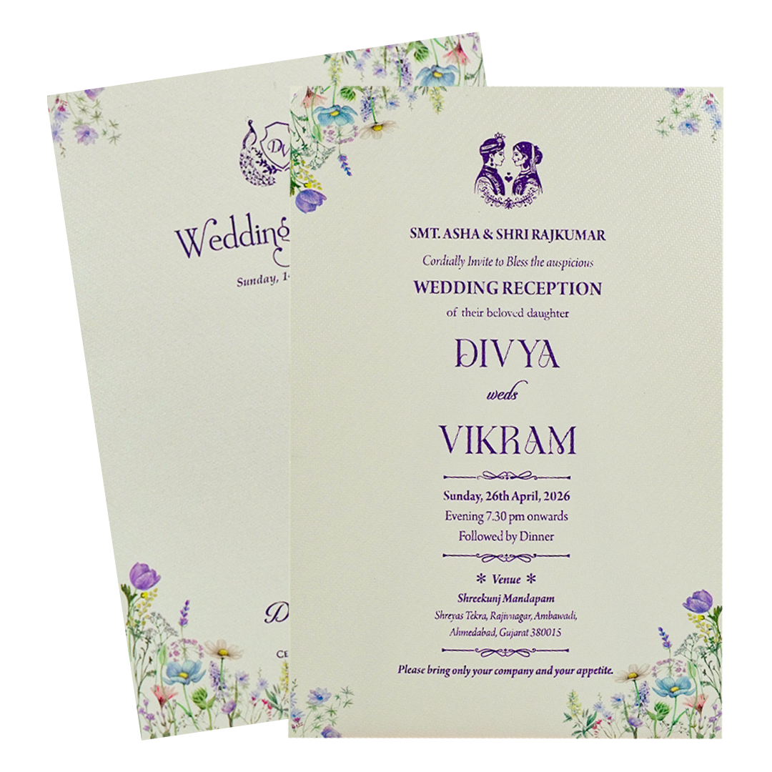 Lavender Single Sheet Floral Wedding Card - KNM6001W.